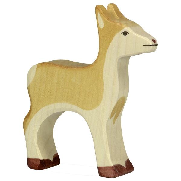 A deer wooden figure with a tan body and white/natural underbelly and legs. Dark brown paint is used for the feet and nose. Black paint is use to detail the eyes and mouth.