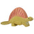 A dimetrodon wooden figure with a gold body and orange spine.