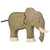 Large wooden elephant figure painted grey with white feet and a white trunk. Dark gray rope used for the tail.