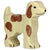 A dog wooden figure with brown spots standing with its head raised.