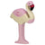 a flamingo wooden figure with a painted pink head, feathers, chest, and feet. Its beak is red and black. Its body is natural wood.