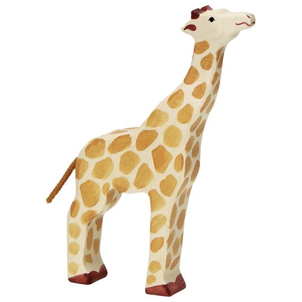 A giraffe wooden figure with tan spots painted on it. The inside ofits ears, horns, and hoofs are painted a darker brown. It has a dark brown rope as the tail. Its head is raised in an eating motion.