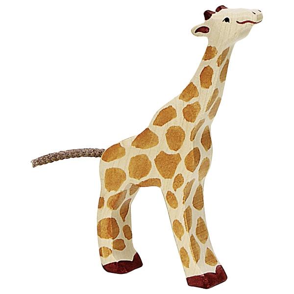 A baby giraffe wooden figure painted with tan stripes and a darker brown paint used for face and feet details. It has a dark brown rope as its tail.