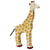 A giraffe wooden figure with tan spots painted on it. The inside ofits ears, horns, and hoofs are painted a darker brown. It has a dark brown rope as the tail.