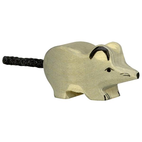 A grey mouse wooden figure wth black paint used for face, ears, and feet detailing. A back rope is used for the tail.
