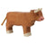 A wooden Scottish Highland cattle painted brown with dark brown hair detailing. The horns and hooves, pink nose, and black paint used for face detailing.