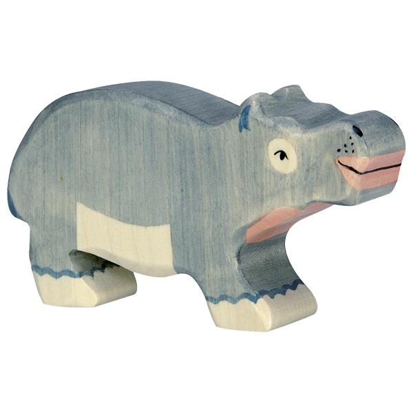 A hippopotamus wooden figure painted grey-blue with a pink mouth and throat. Its head is slightly raised.