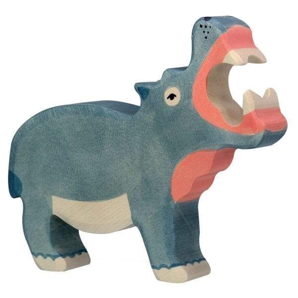 A hippopotamus wooden figure painted grey-blue with a pink mouth and throat. Its mouth is open showing its teeth.