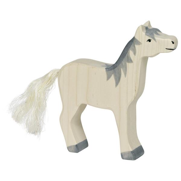 A white/natural wooden horse figure with a grey mane and grey hooves. Black paint is used for face detailing.
