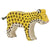 A leopard wooden figure with a yellow back, natural wood underside, and brown spots. Rope used for tail.