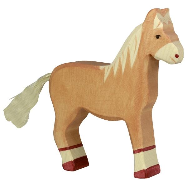 A horse wooden figure painted light brown with cream hair and dark brown hoofs.