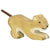 A lion cub wooden figure carves in a downward dog shape to look like its playing. Its body is tan with natural wood/white used for the underbelly. It has green eyes