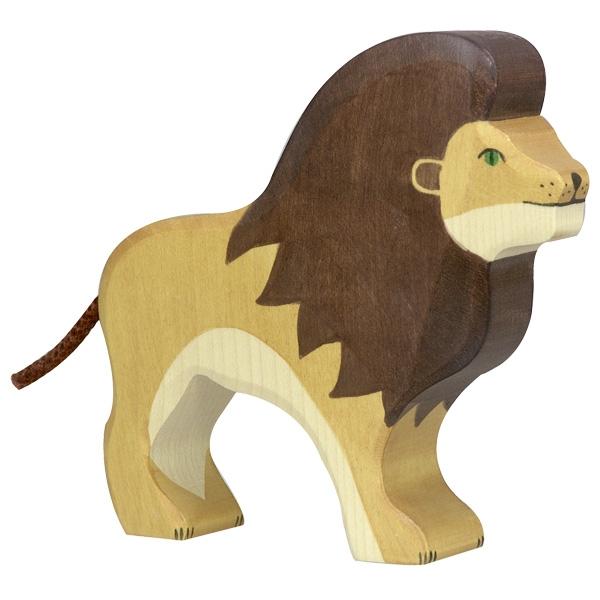 A lion wooden figure painted tan with a dark brown main and a dark brown rope used as the tail.