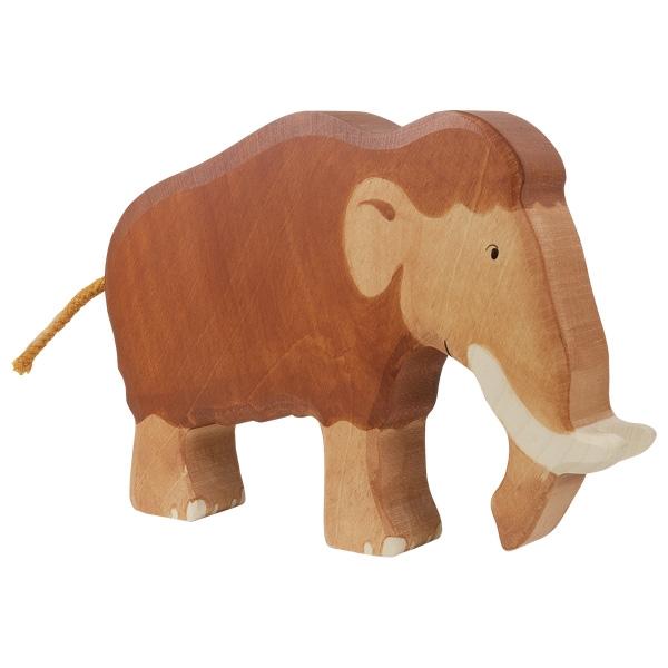 A wooden figure mammoth. Dark brown is used for the body and heard hair. Light brown paint is used for the face, ears, and feet/legs. White/natural wood is used for the husk and toenails 