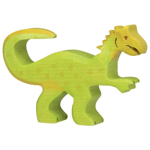 A wooden oviraptor figure painted lime green and yellow.