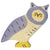 A wooden owl figure. Grey-blue paint is used for the wings, head, and ears. Yellow paint is used for the eyes and feet. White/natural wood is used for the body and face. Darker grey-blue is used for feature detailing.