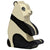 A panda bear wooden figure sitting on its behind. The panda is painted black and white with blue eyes