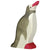 A penguin wooden figure with its head raised. Black is used for the back, body, head, and neck. White/natural wood is used for the face, chest, and stomach. Red is used for the beak and feet.