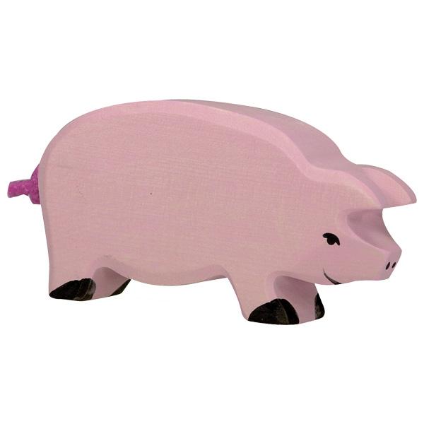 A pig wooden figure painted pink with black paint used for detailing on the feet and face. Has a bright pink rope used for the tail.