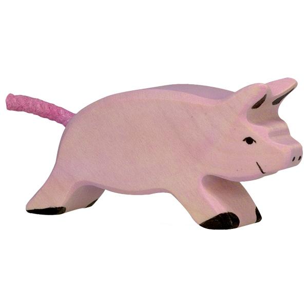 A wooden pig figure carve to look like it is running. The pig is painted pink with black paint used to detail the feet and face. A pink rope is used for the tail.
