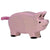 A wooden piglet figure painted pink with black paint used for detailing the face, feet, and ears. Has a bright pink rope used for the tail.