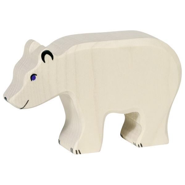 A polar bear wooden figure painted white with blue eyes and its face and feet details painted in black. The polar bear is standing with its mouth pointed down.