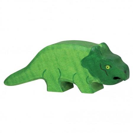 A protoceratops wooden figure painted in shades of green.