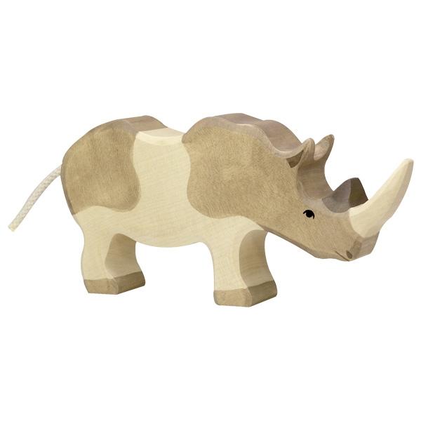 A rhinoceros wooden figure with a white rope for the tail. Grey is used for the butt, shoulders, head, and feet. White/natural wood is used for the back, stomach, legs, and horn.