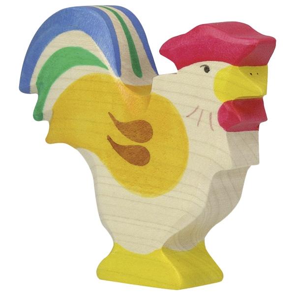 A wooden rooster figure with a blue and green tail, yellow wings and feet, and red comb and wattle.