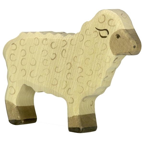 A sheep wooden figure with grey paint used for "fur", face, and feet detailing.