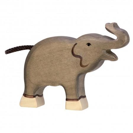 A baby elephant wooden figure painted grey with white feet and a dark grey rope is used as the tail. Its trunk is raised and its mouth is open.