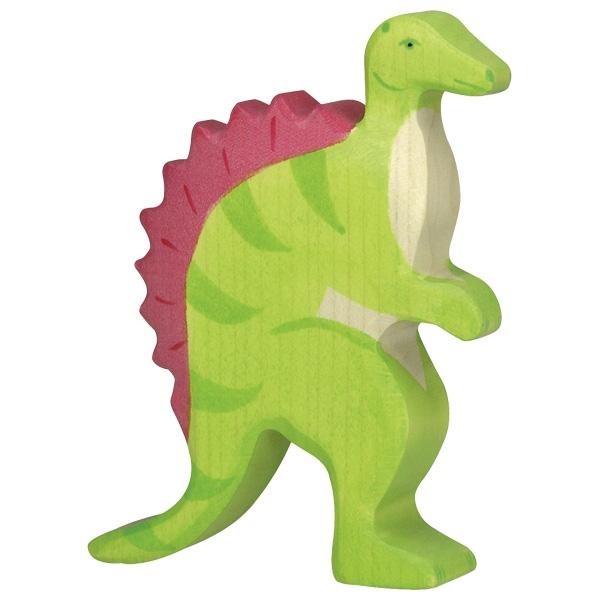 A spinosaurus wooden figure with a lime green striped body, natural wood chest, and red fin/spine.