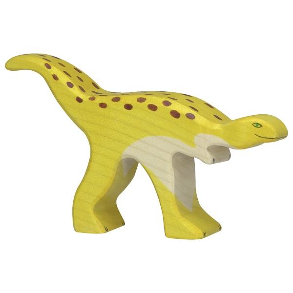 A staurikosaurus wooden figure painted yellow with brown spots. It has green eyes and a white chest and belly.