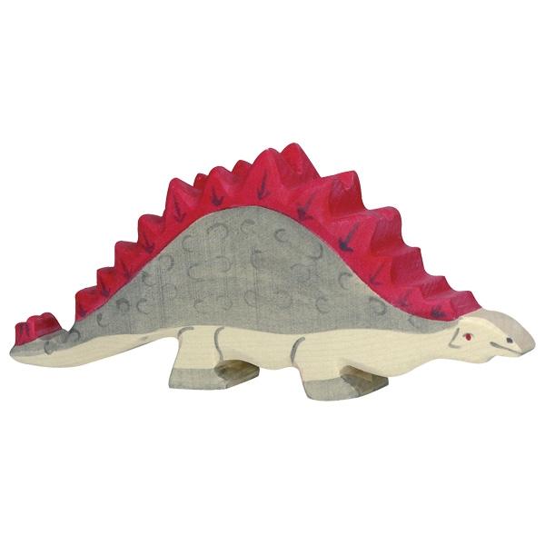 A stegosaurus wooden figure painted grey with red spikes. It has red eyes and a white/natural face and underbelly.