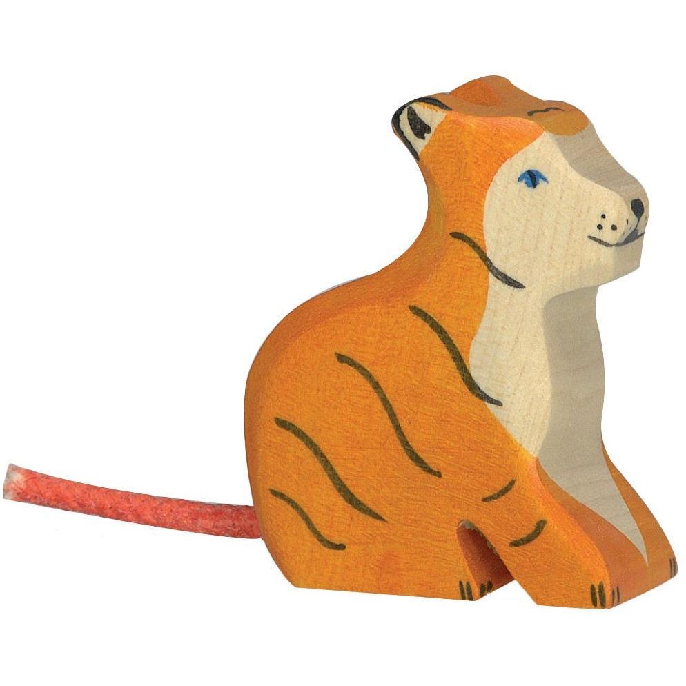 A tiger cub wooden figure with a natural wood face and stomach and orange body. Grey paint is used for stripes and face and feet details. The eyes are blue. An orange rope is used for the tail.