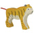A tiger wooden figure carved in a standing position. It has an orange body with brown stripes. The underbelly and face are white. It has blue eyes and dark brown paint used for the facial and feet features. It has an orange rope tail.