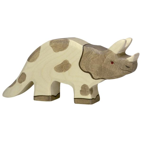 A triceratops wooden figure painted in shades of grey with red eyes and white horns.