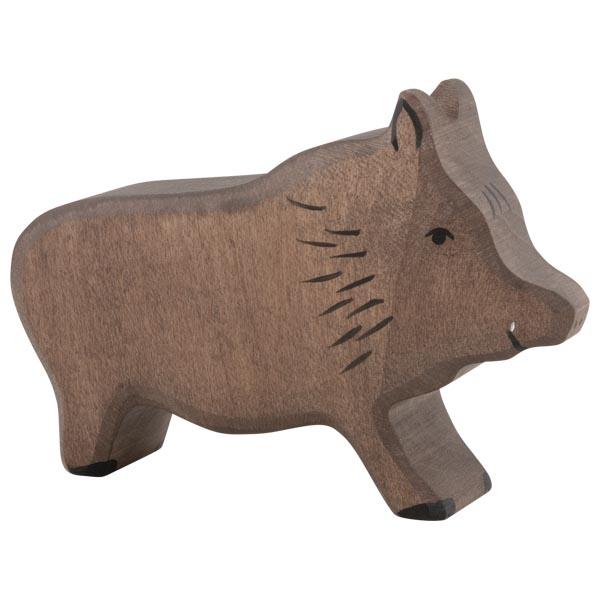 A wild boar wooden figure painted brown. Dark brown/black is used to create a fur texture. It is also used for the face, ears, and feet detailing. It has a white tooth sticking out on both sides of the mouth.