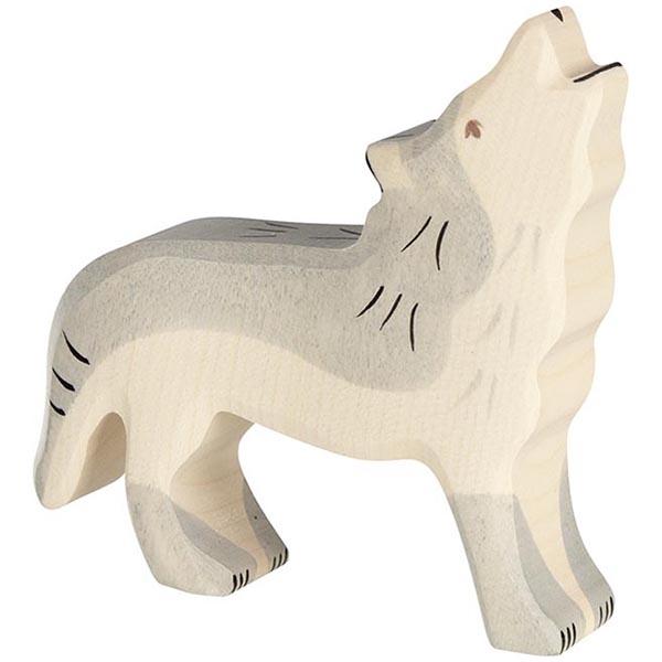 a wolf wooden figure with grey and white paint used as the fur. Black paint is used to detail the mouth, ears, feet, tail, and neck.