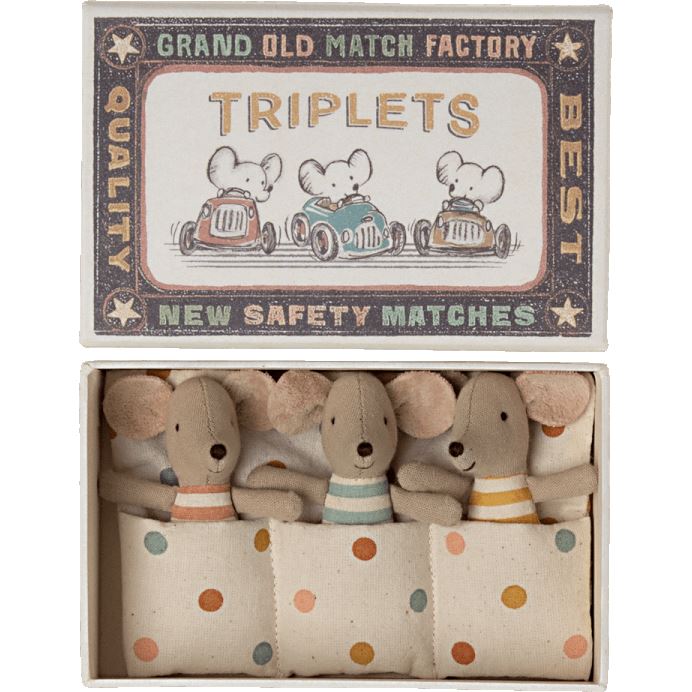 Maileg Triplets, Baby Mice in Matchbox