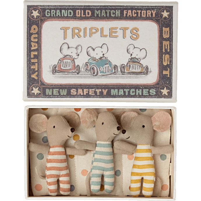 Maileg Triplets, Baby Mice in Matchbox