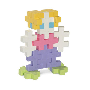 Pieces are used to create a woman with blonde hair, blue eyes, a pink top, purple pants,and green shoes.