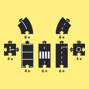 King of the Road template showing how the 40 pieces are divided up (how many of each shape comes in the box).